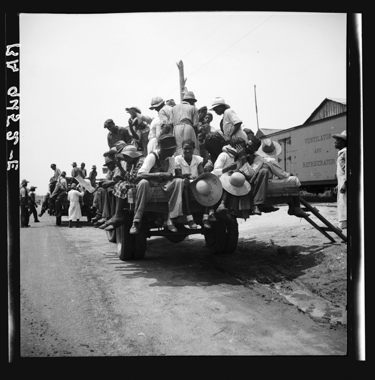 Peach pickers being driven to the orchards in Musella, Georgia. In 1936, they earned seventy-five cents a day. (Dorothea Lange, 1936.) Library of Congress.