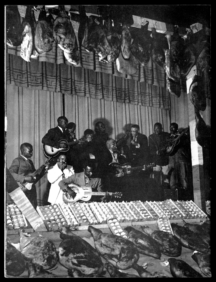 A photo from The Peachite, the quarterly student publication of Fort Valley State College, shows a musical performance during the 1944 Fort Valley Folk Festival, a complement to the Ham and Egg Show. (Lewis Jones and Willis James Recordings at Fort Valley State College, American Folklife Center, Library of Congress.)