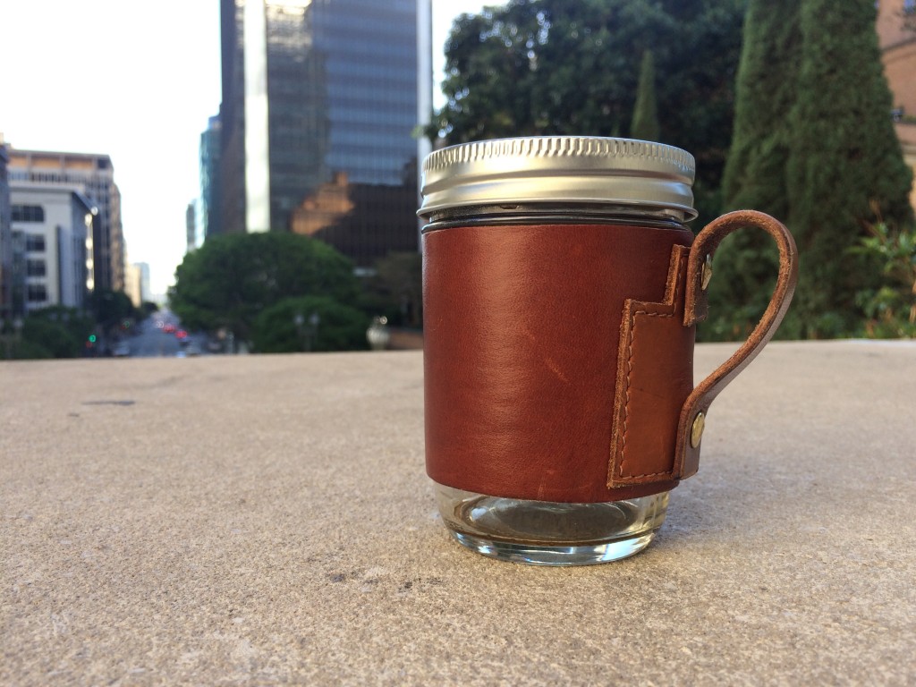 Mason Jar with leather sleeve. Photo by Gabe Bullard. 