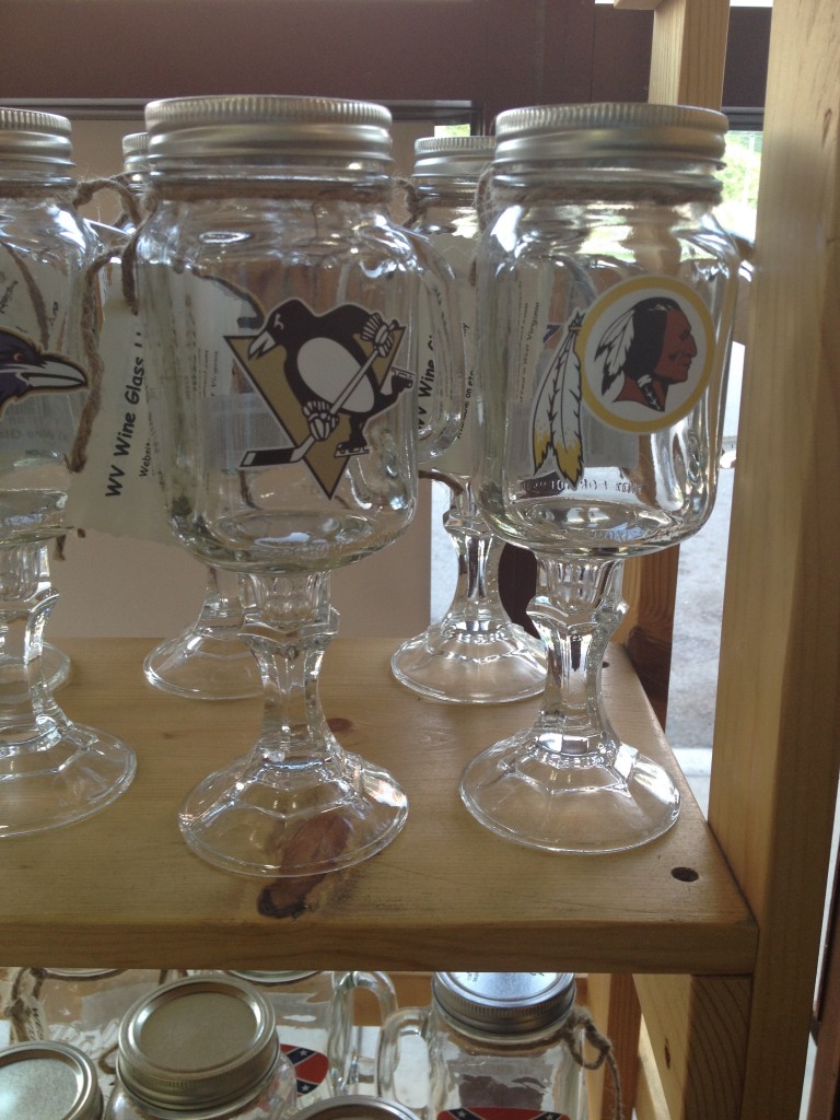 Mascot-inscribed Mason Jar wine glasses. Photo by Linda Golden. 