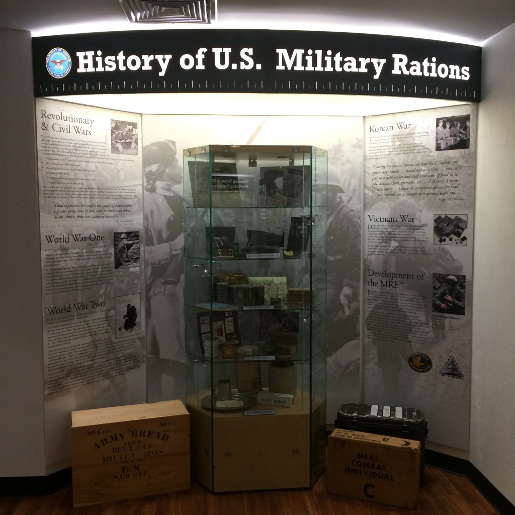 A display of rations history in the War Fighter Cafe at the Natick Center. 