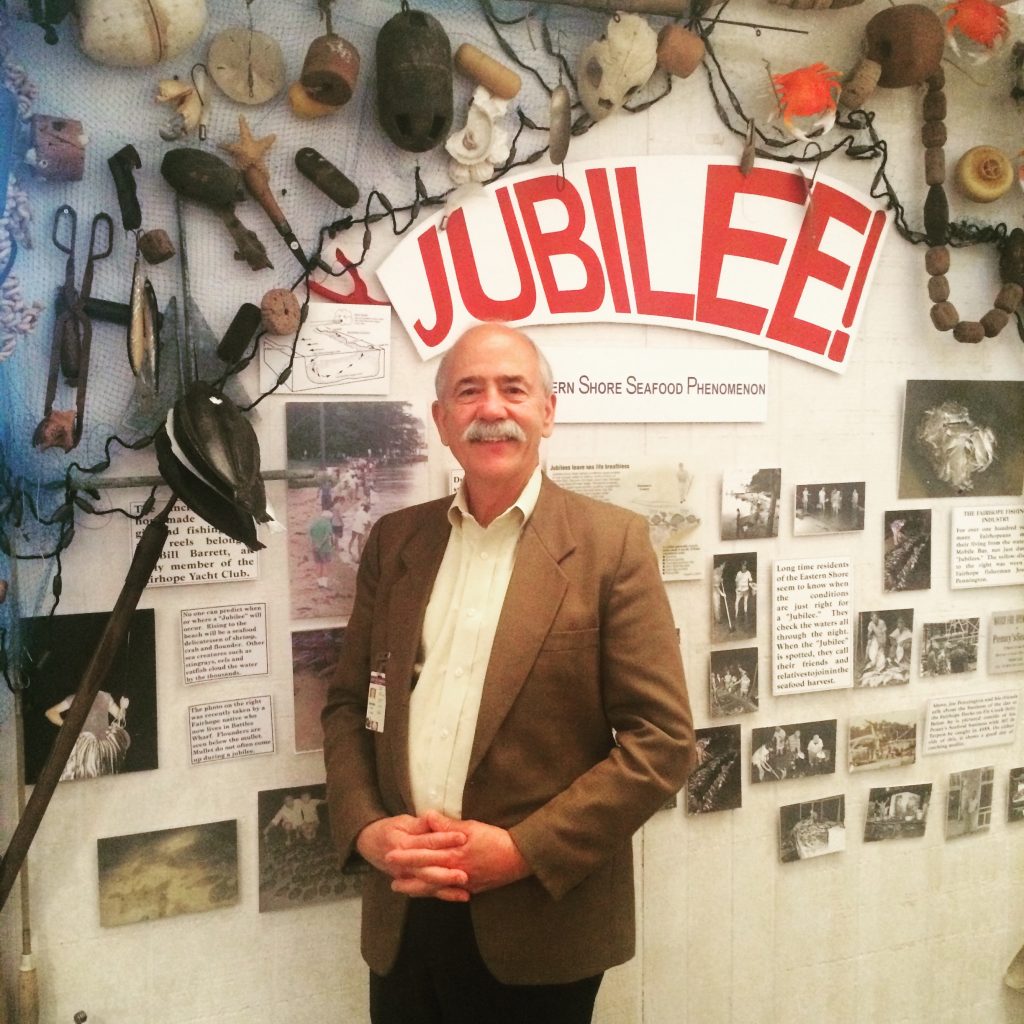 Donnie Barrett, director of the Fairhope Museum, with the museum's Jubilee exhibit. 