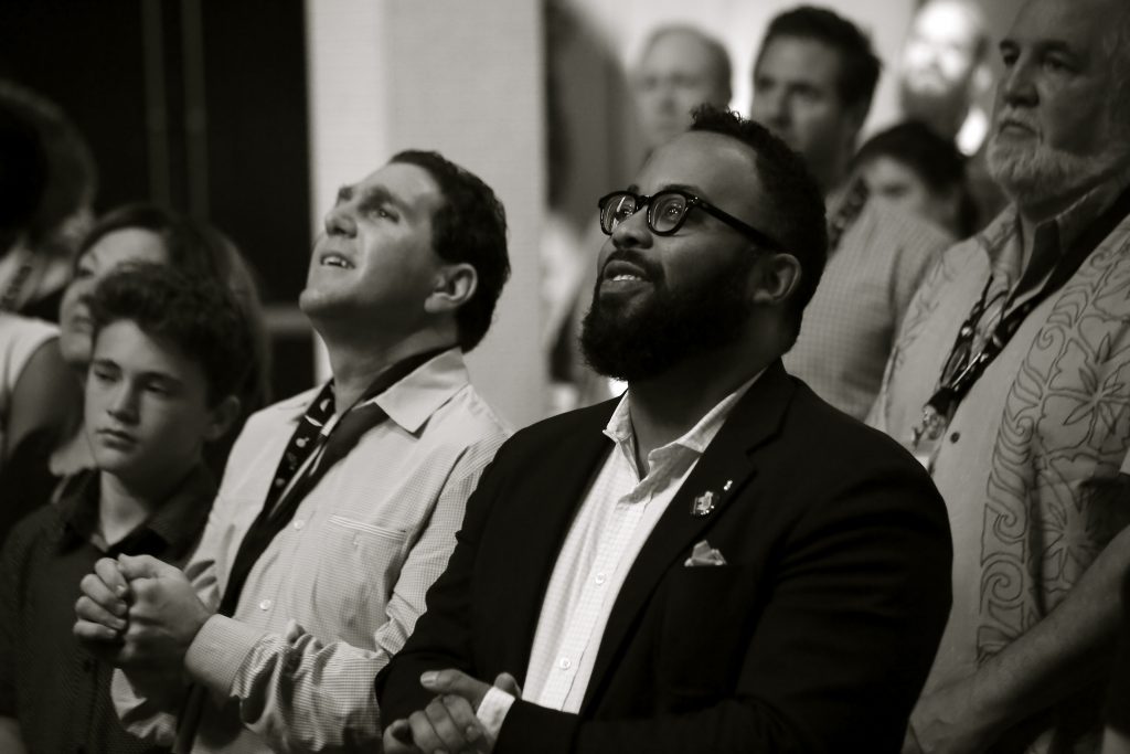 Composer Nolan Gasser and poet Kevin Young in the audience at the premiere performance of "Repast." Photo by Brandall Atkinson.