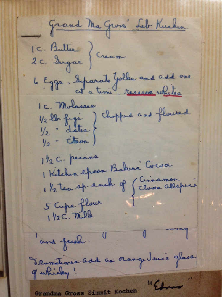 Jewish food in Natchez combined Alsatian influences from Germany with creole influences from New Orleans. Here, a page from the reporter’s family recipe book shows the instructions for making “Grand Ma Gross’ Leb Kuchen,” a kind of German gingerbread. (Photo by Robin Amer)